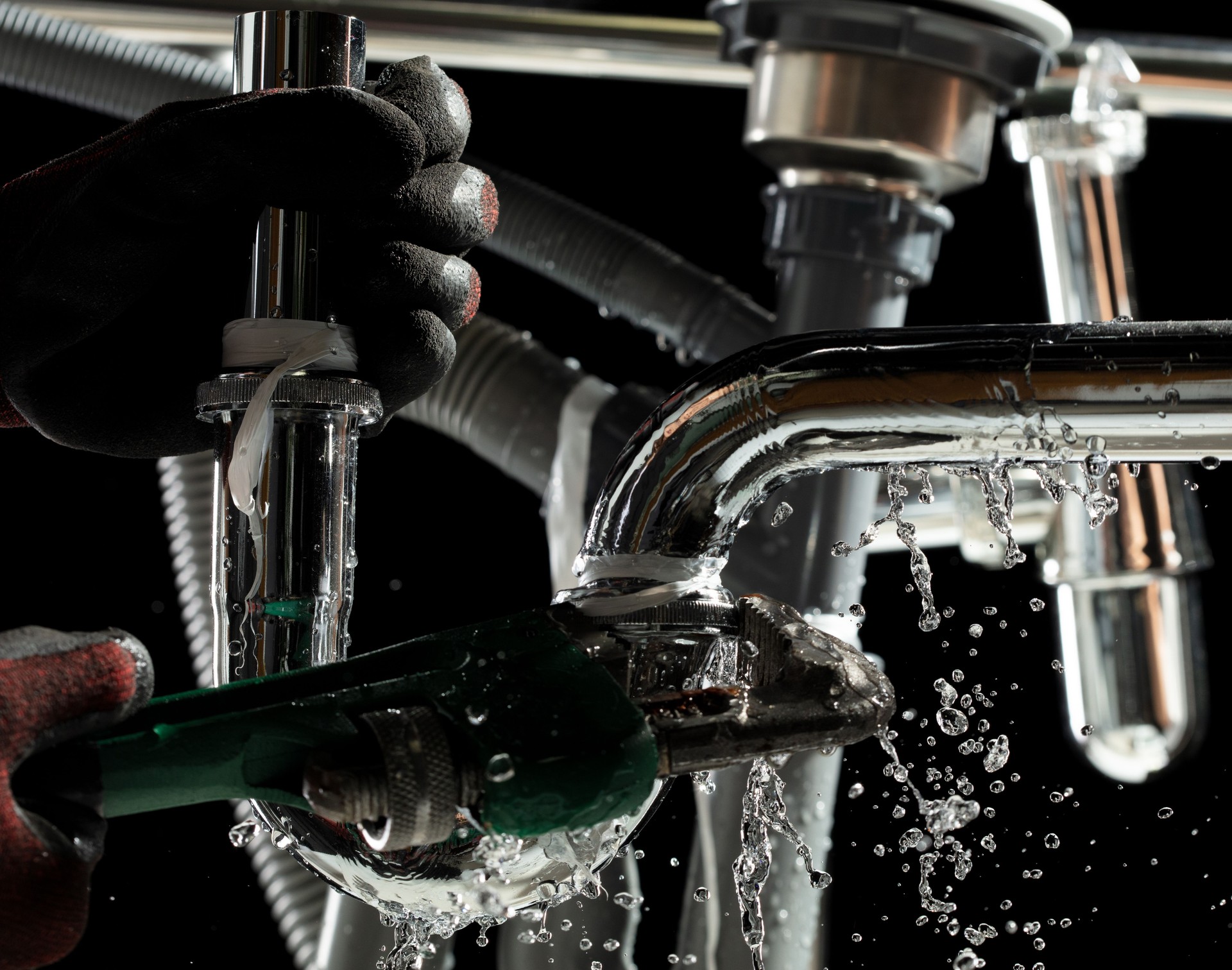 Plumber used wrench to tighten loose nut on water drain pipe under kitchen sink. Hand glove hold special tool to reach the leak behind wall and tighten to stop water leak